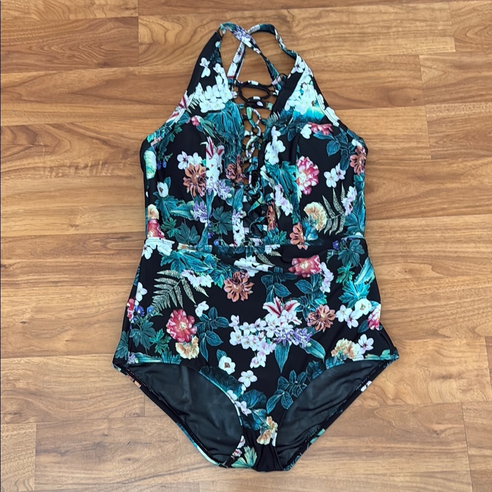 Torrid Black Floral One-Piece Swimsuit